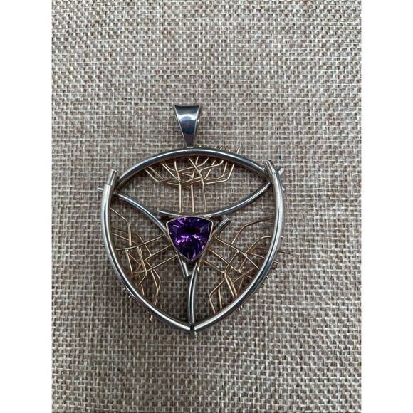 Artisan Sterling Silver & Gold Wire Pendant with Amethyst Trillion Cut Stone - Picture 5 of 5
